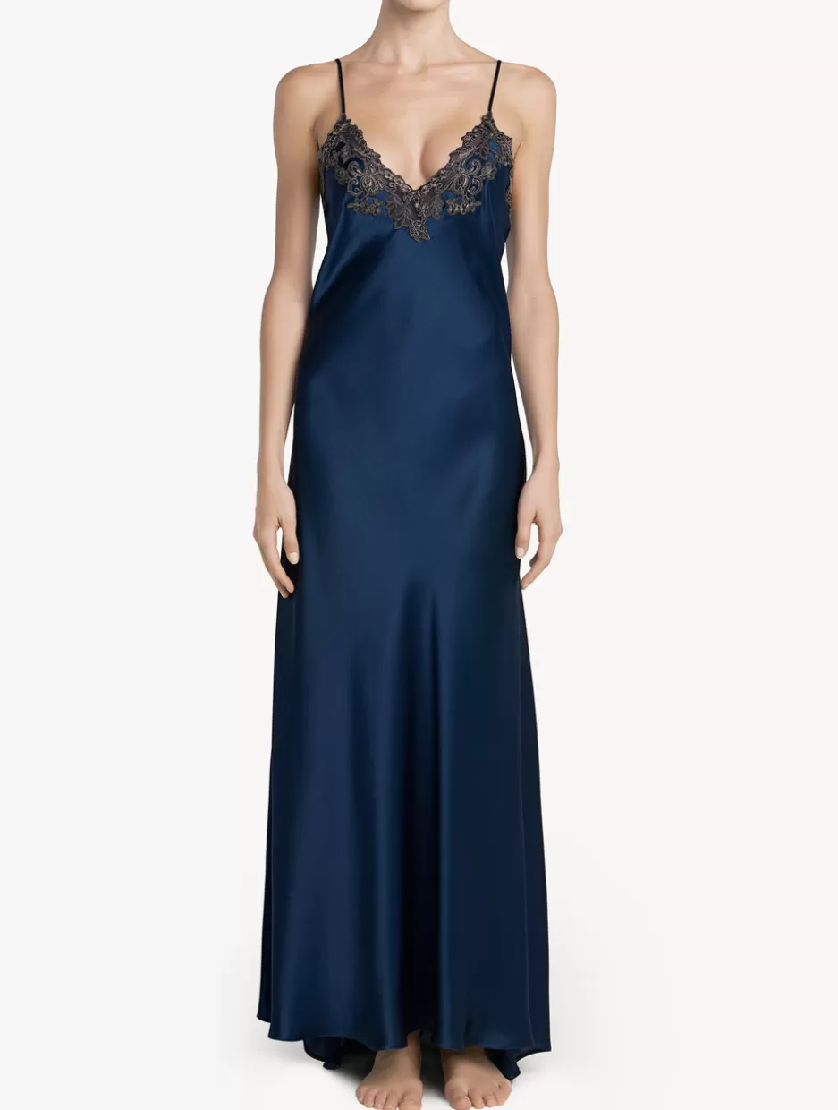 Slips & Dresses | Silk Sleepwear-La Perla Long Blue Nightgown With Frastaglio DarkBlue