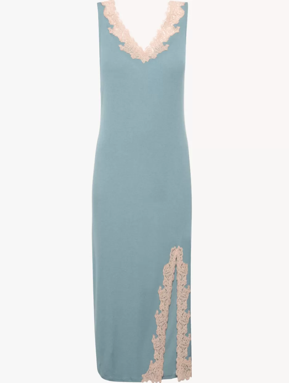 Pajamas | Slips & Dresses-La Perla Long Cashmere Blend Ribbed Nightgown In Sleepy Dream With Frastaglio Blue