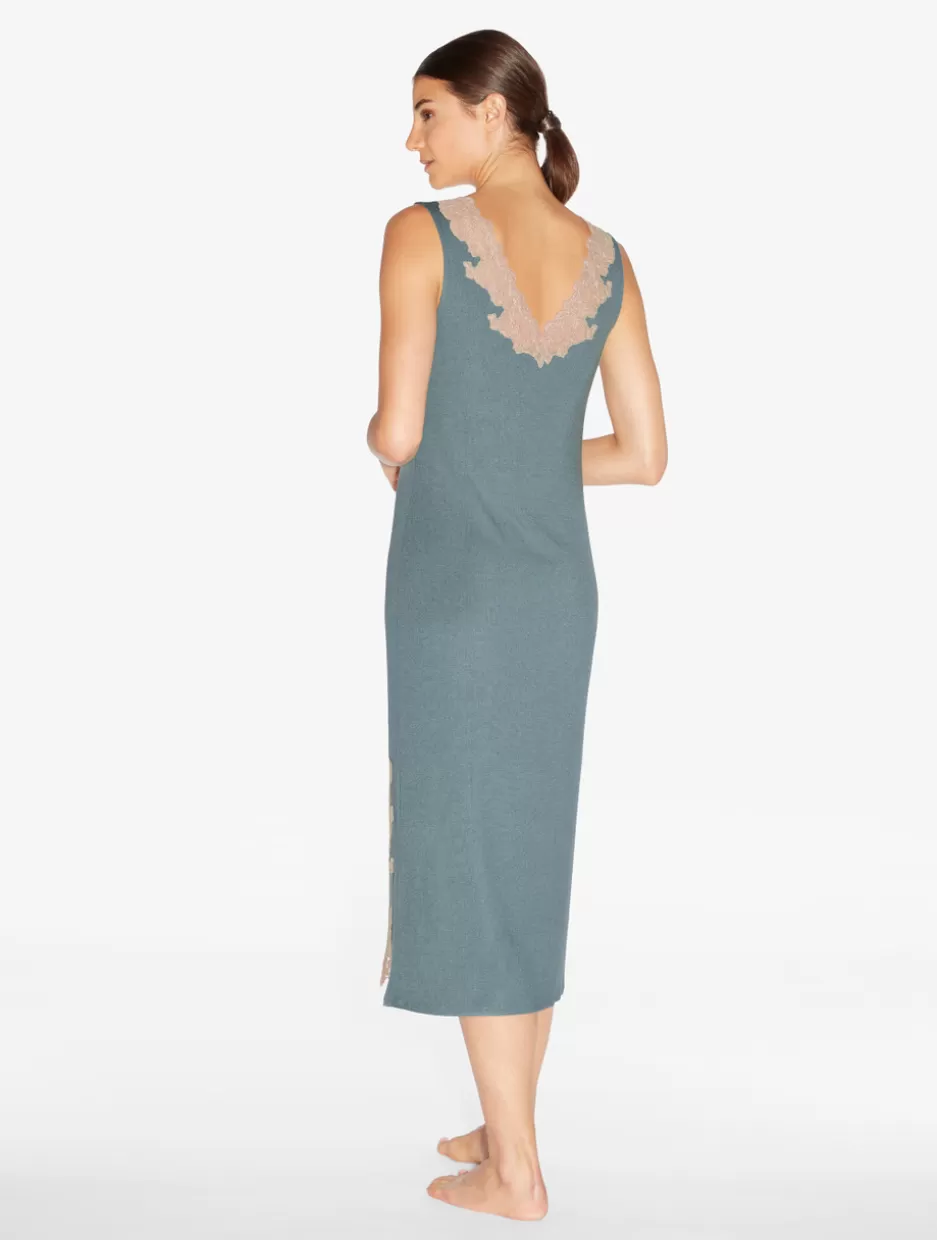 long_cashmere_blend_ribbed_nightgown_in_sleepy_dream_with_frastaglio_11163.webp Pajamas | Slips & Dresses-La Perla Long Cashmere Blend Ribbed Nightgown In Sleepy Dream With Frastaglio Blue