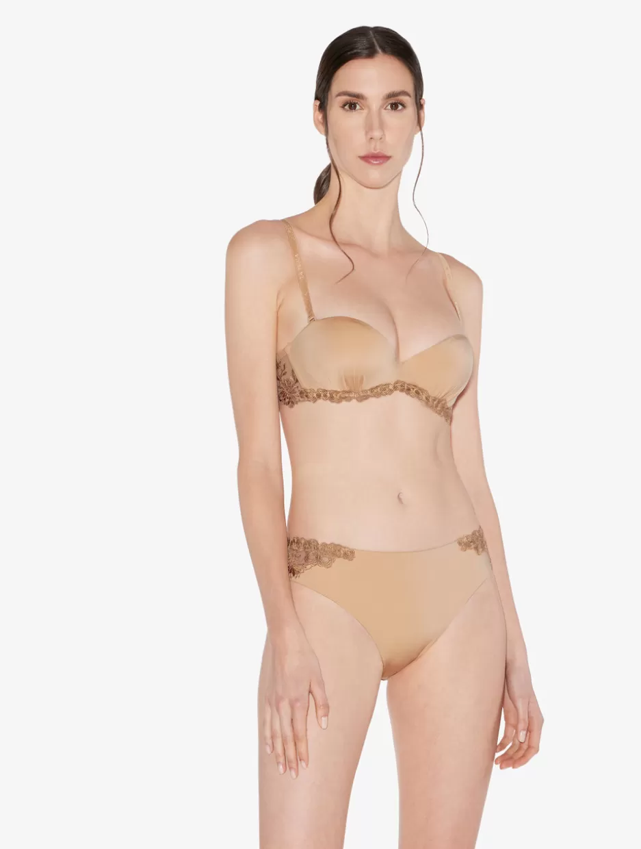 Mid-rise-La Perla Medium Brief In Beige Lycra With Embroidered Tulle Nude