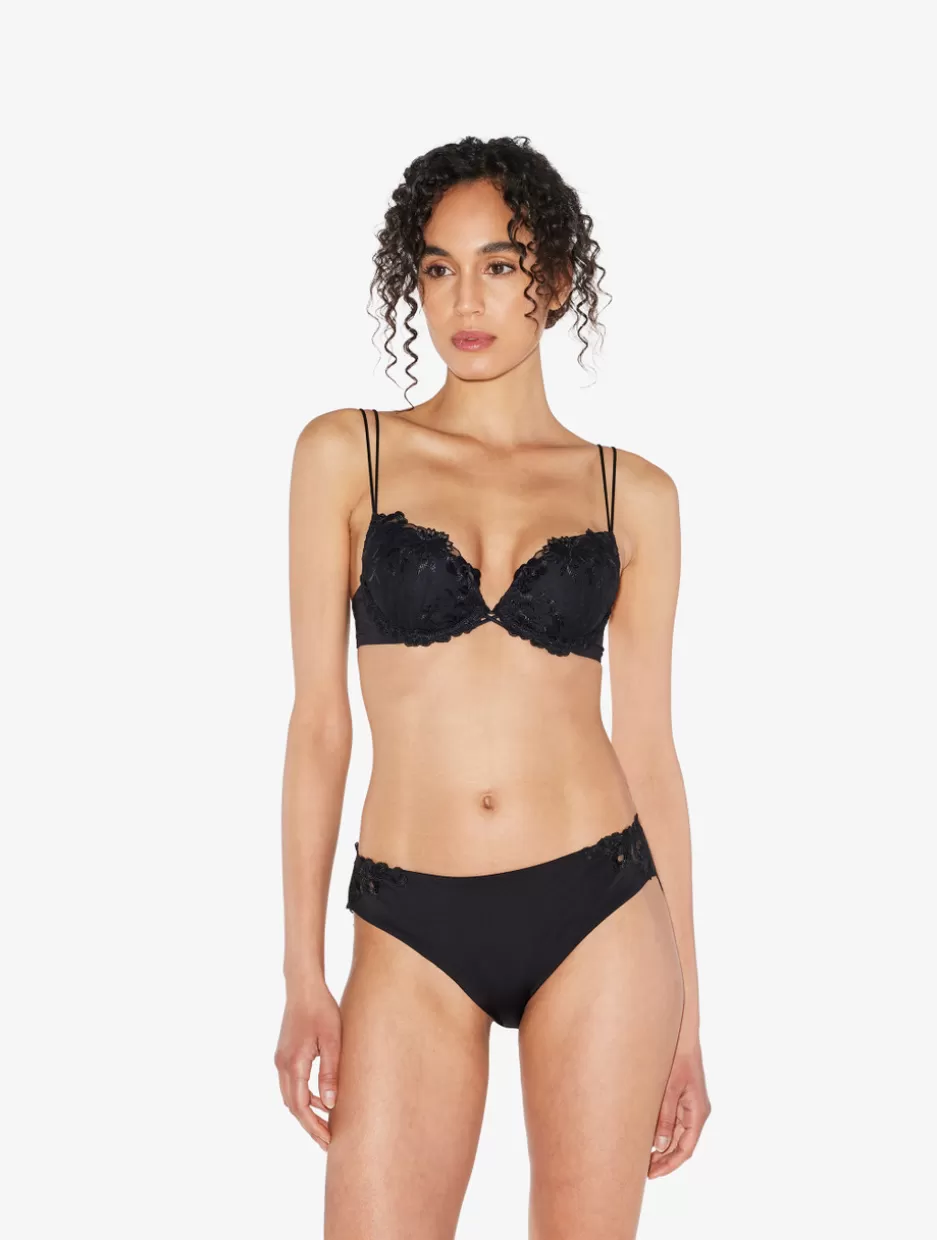 Mid-rise-La Perla Medium Brief In Lycra With Embroidered Tulle Black