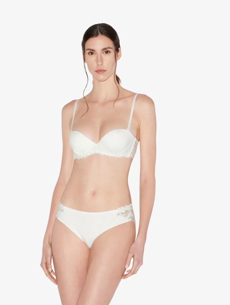 Mid-rise-La Perla Medium Brief In Off- Lycra With Embroidered Tulle White