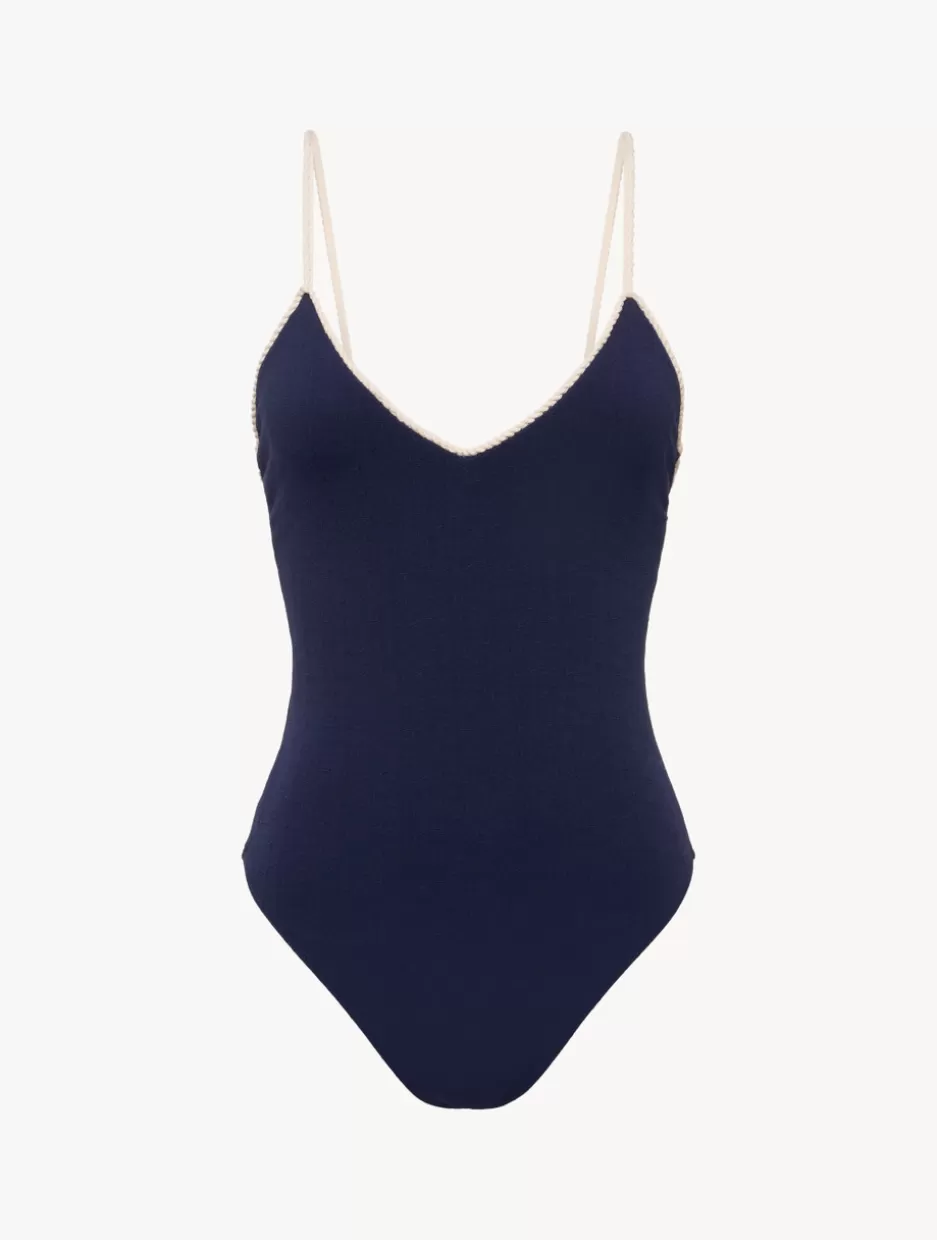 One-Piece Bathing Suits-La Perla Monogram V-neck Swimsuit In Navy Blue