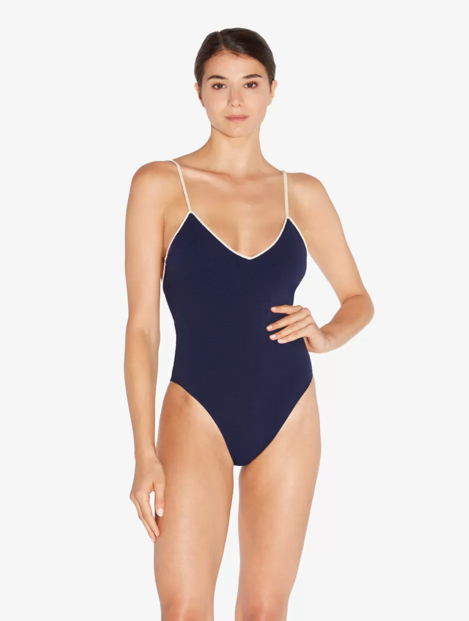 One-Piece Bathing Suits-La Perla Monogram V-neck Swimsuit In Navy Blue