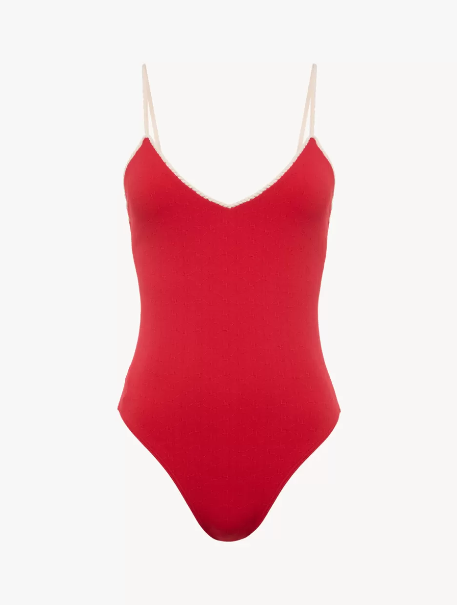 One-Piece Bathing Suits-La Perla Monogram V-neck Swimsuit In Red