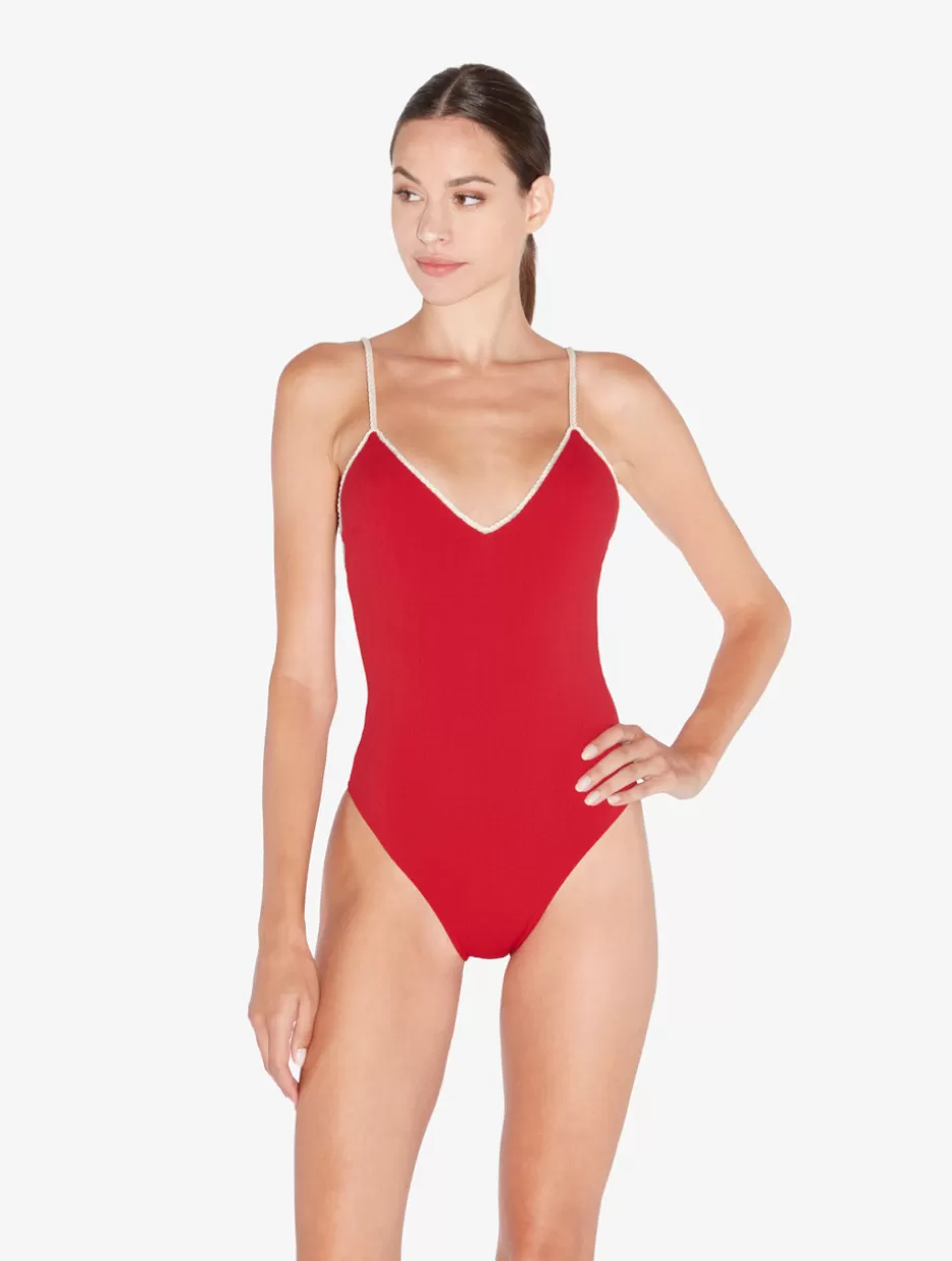 One-Piece Bathing Suits-La Perla Monogram V-neck Swimsuit In Red