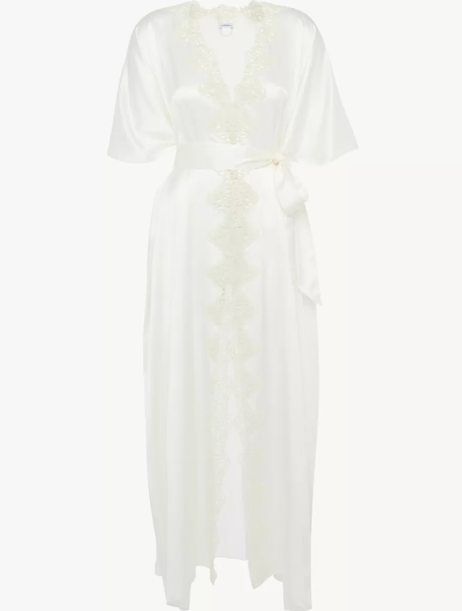 Robes | Silk Sleepwear-La Perla Off-white Long Silk Robe With Macramé OffWhite