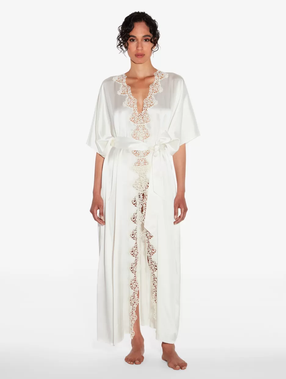 Robes | Silk Sleepwear-La Perla Off-white Long Silk Robe With Macramé OffWhite