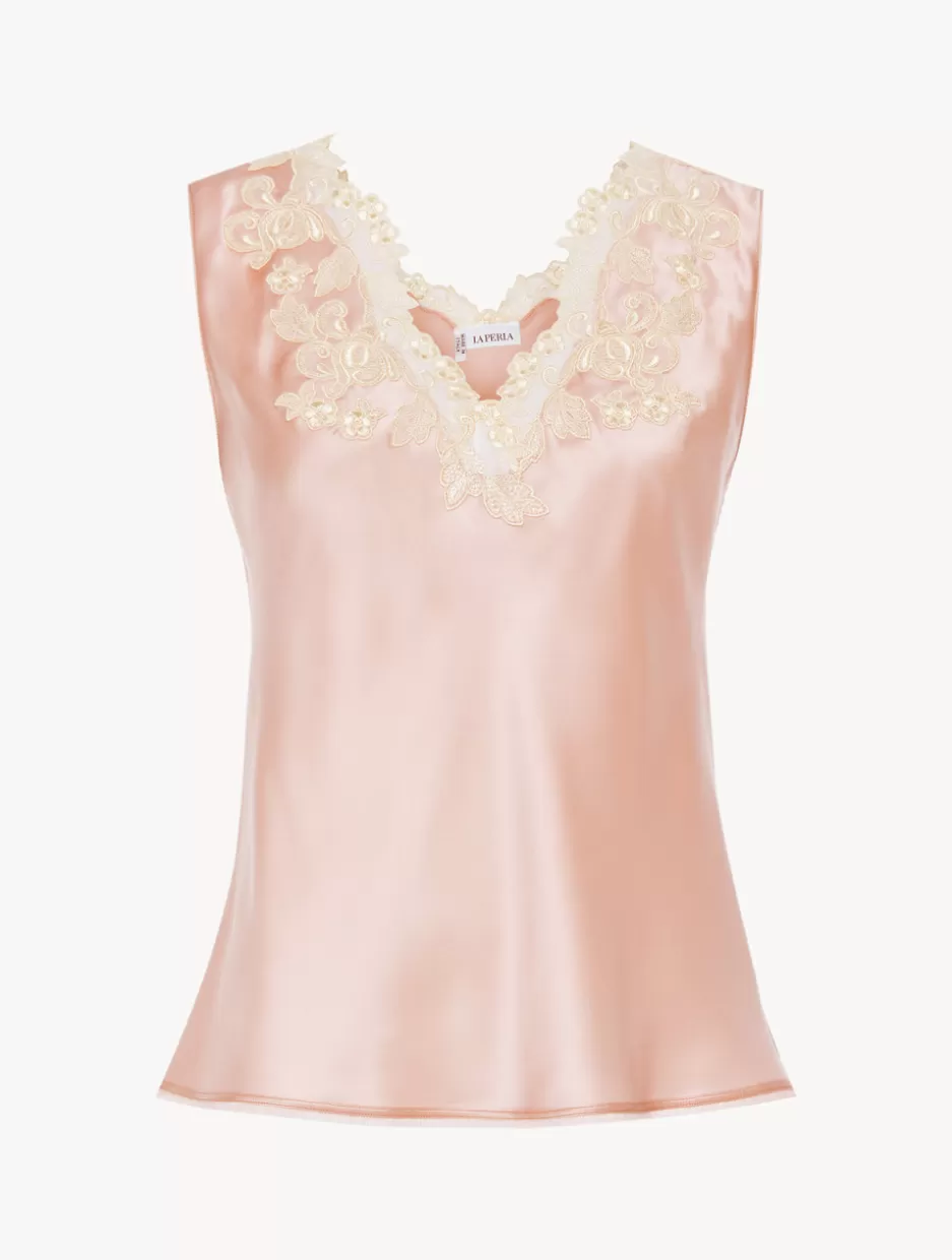 Camisoles | Pajamas-La Perla Silk Satin Top With Frastaglio Pink