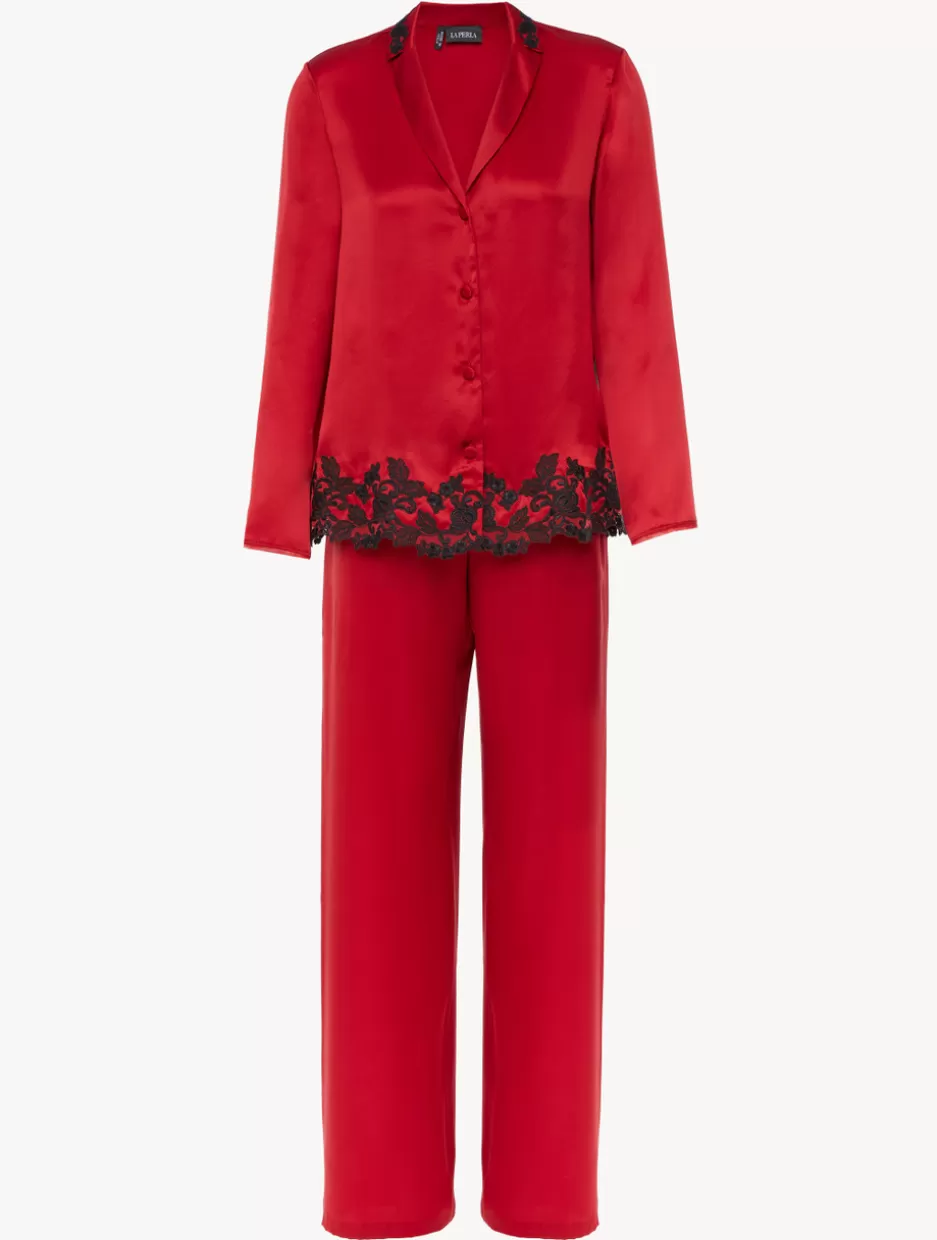 Pajamas | Silk Sleepwear-La Perla Silk Long Pajamas With Frastaglio Red