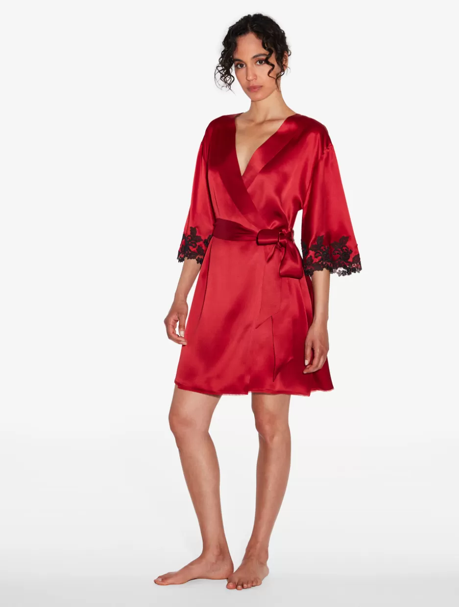 Robes | Silk Sleepwear-La Perla Silk Short Robe With Black Frastaglio Red