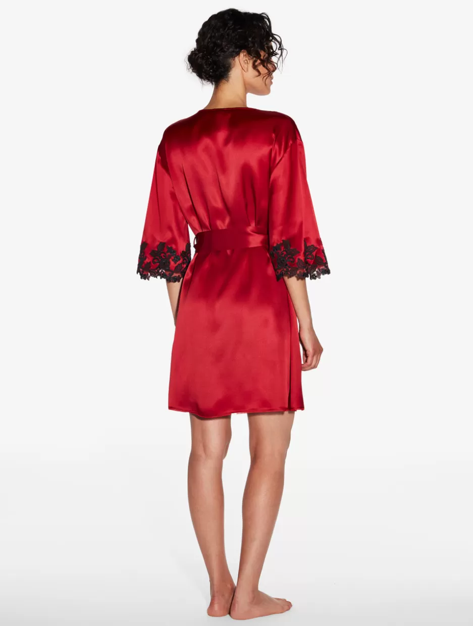 red_silk_short_robe_with_black_frastaglio_11576.webp Robes | Silk Sleepwear-La Perla Silk Short Robe With Black Frastaglio Red