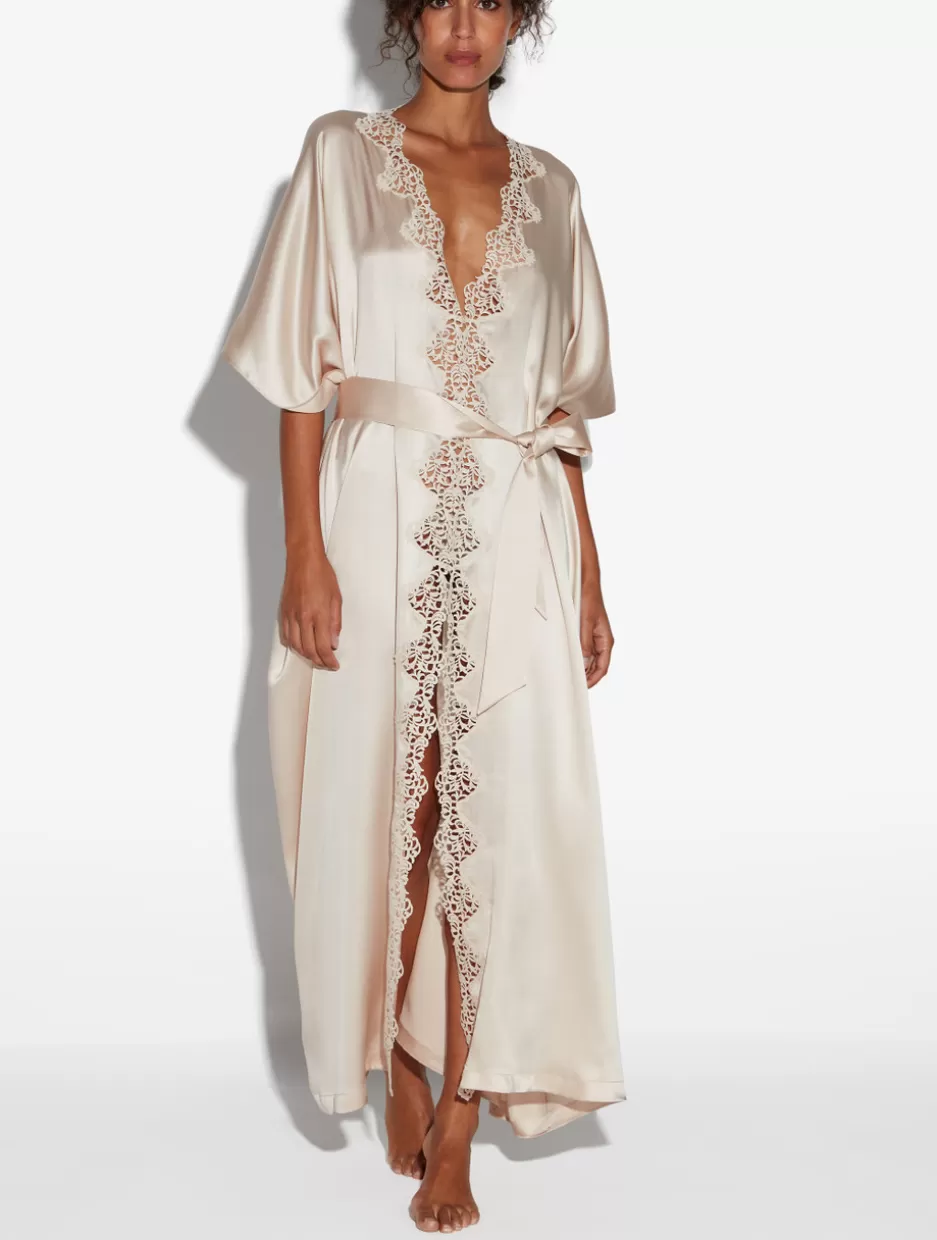 Robes | Silk Sleepwear-La Perla Rose Beige Long Silk Robe With Macramé RoseBeige