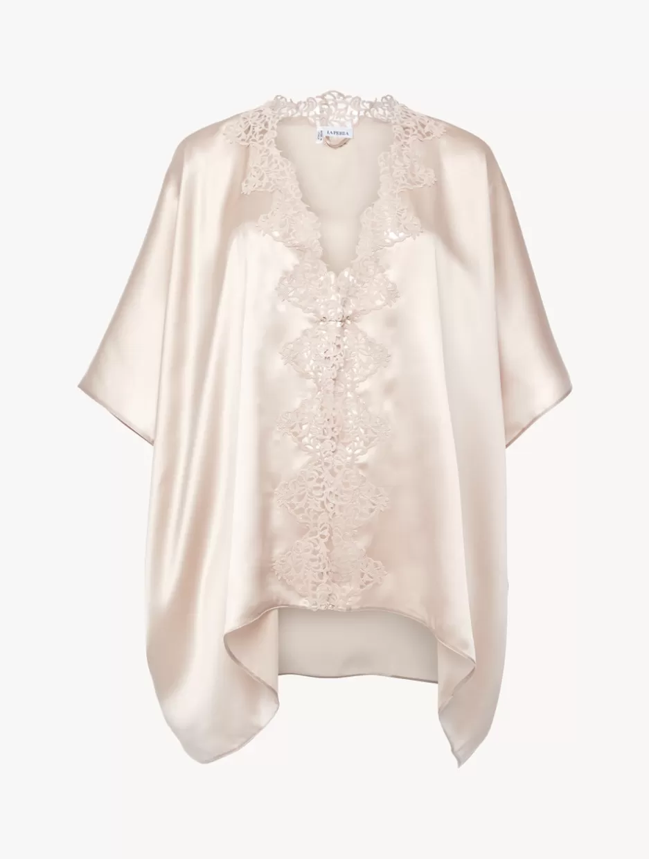 Robes | Silk Sleepwear-La Perla Rose Beige Short Silk Robe RoseBeige