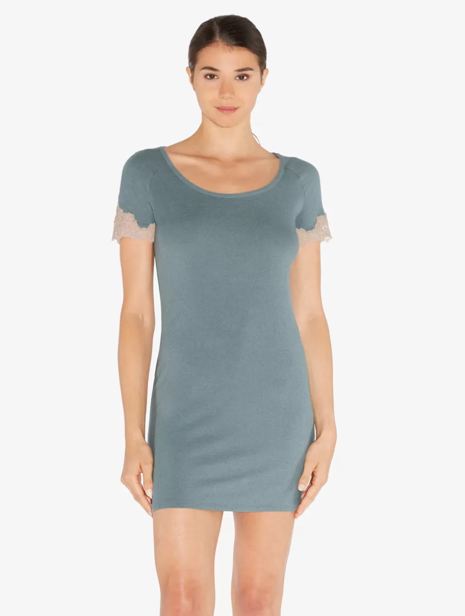 Pajamas | Slips & Dresses-La Perla Short Cashmere Blend Ribbed Nightgown In Sleepy Dream With Frastaglio Blue