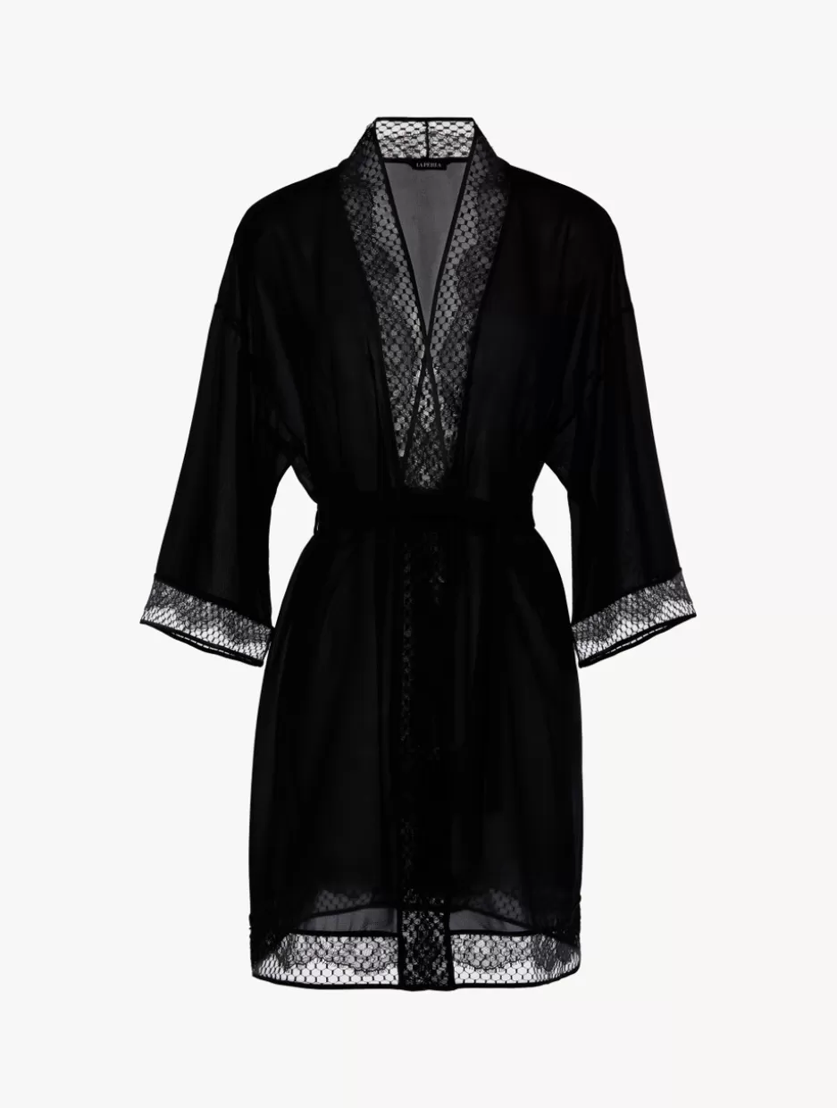 Robes | Silk Sleepwear-La Perla Short Silk Robe With Leavers Lace Black