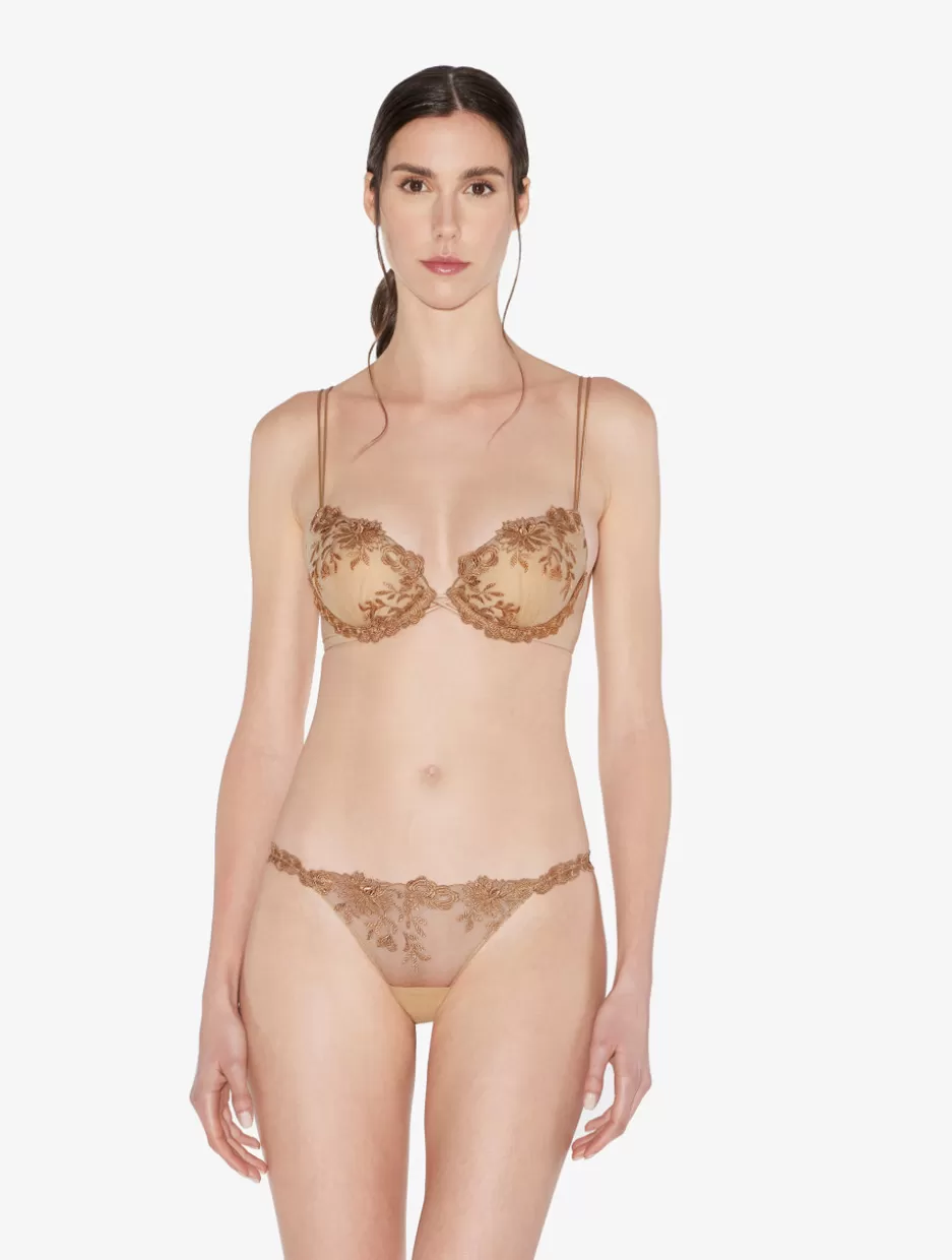 G string & Thong-La Perla Thong In Beige Lycra With Embroidered Tulle Nude