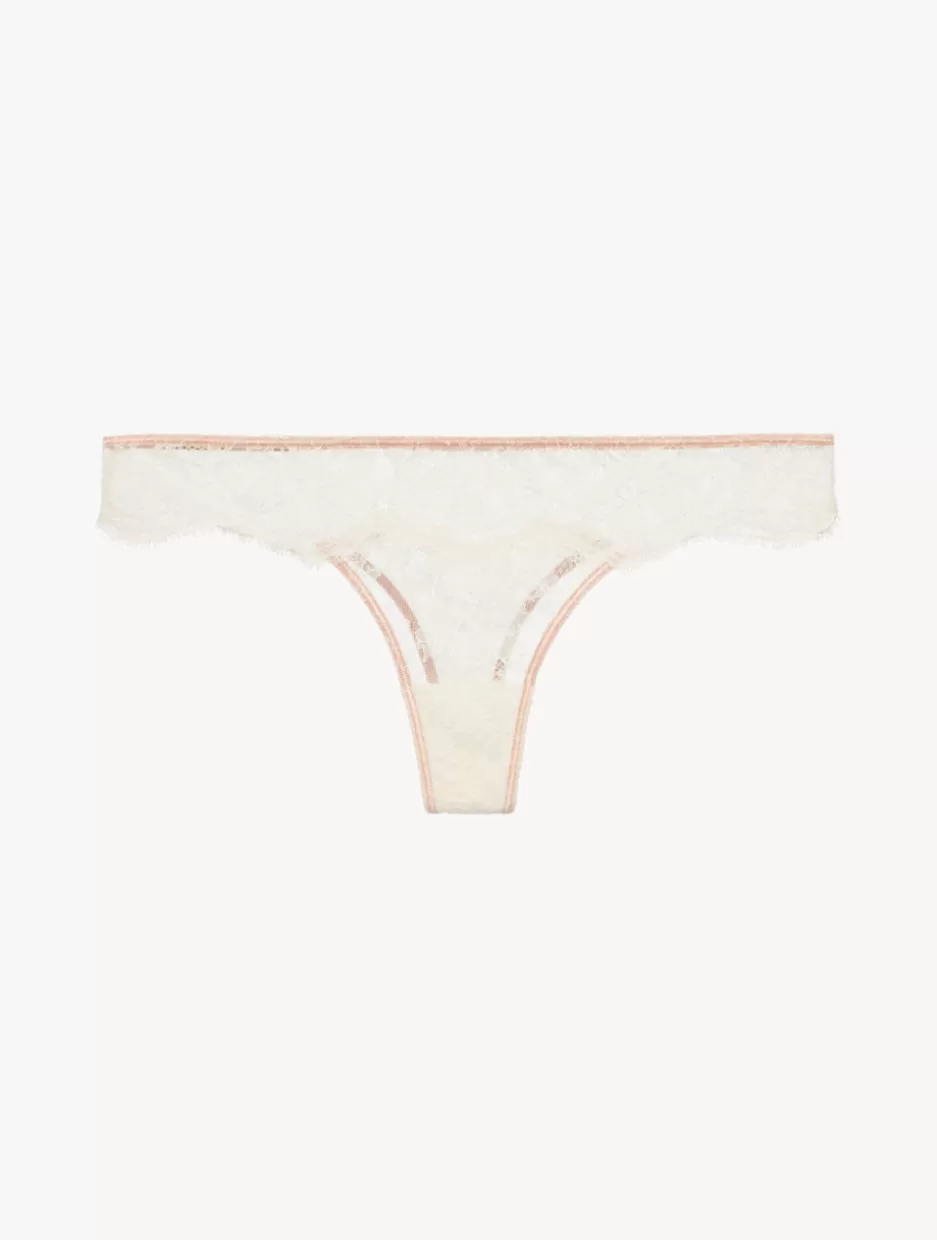 G string & Thong-La Perla Thong In Linen And Nude Rose With Leavers Lace Beige