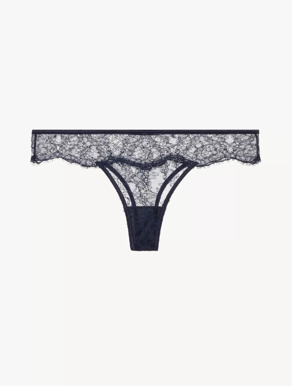 G string & Thong-La Perla Thong In Steel And Black With Leavers Lace Blue