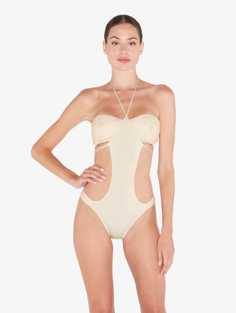 Bikinis | One-Piece Bathing Suits-La Perla Trikini In Champagne With Beading Beige