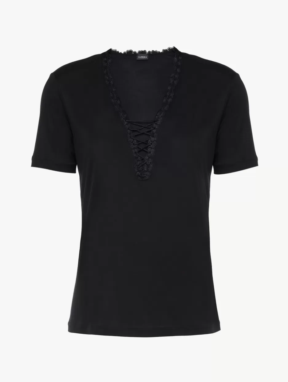 Camisoles | Pajamas-La Perla T-shirt In Modal With Embroidered Tulle Black