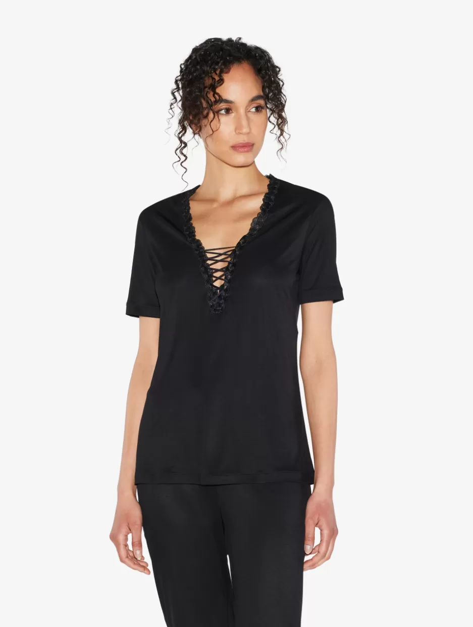 Camisoles | Pajamas-La Perla T-shirt In Modal With Embroidered Tulle Black