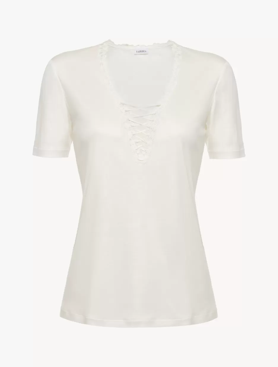 Camisoles | Pajamas-La Perla T-shirt In Off-white Modal With Embroidered Tulle Natural