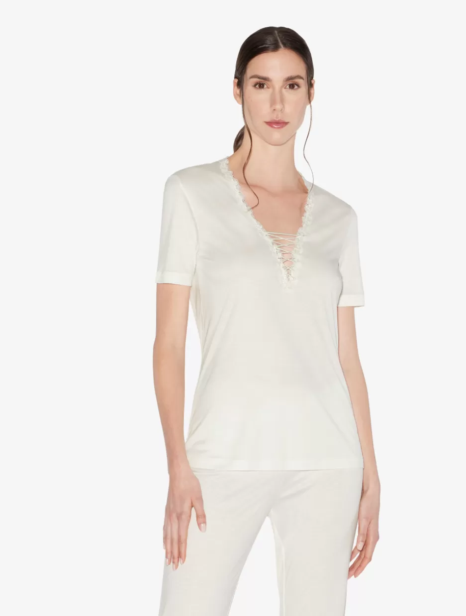 Camisoles | Pajamas-La Perla T-shirt In Off-white Modal With Embroidered Tulle Natural