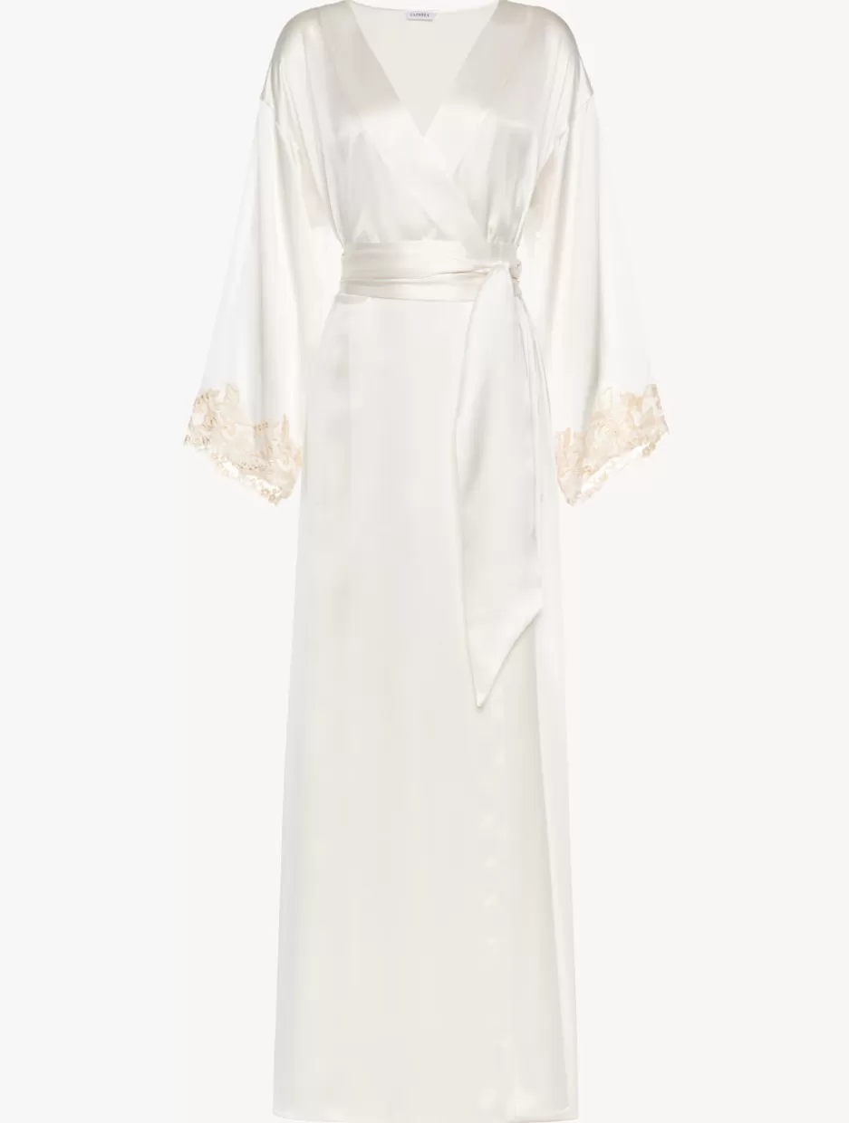 Robes | Silk Sleepwear-La Perla Long Silk Robe With Ivory Frastaglio White