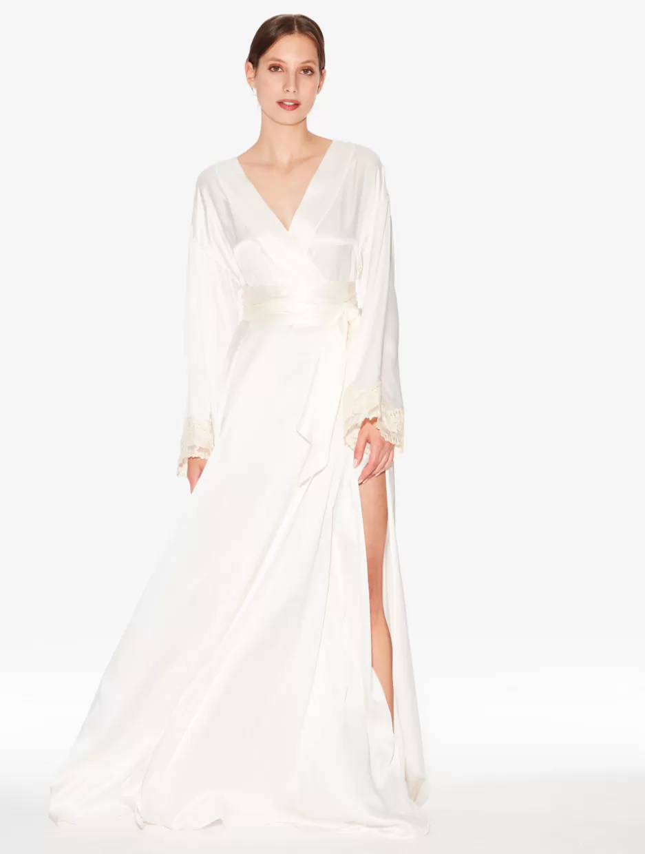 Robes | Silk Sleepwear-La Perla Long Silk Robe With Ivory Frastaglio White