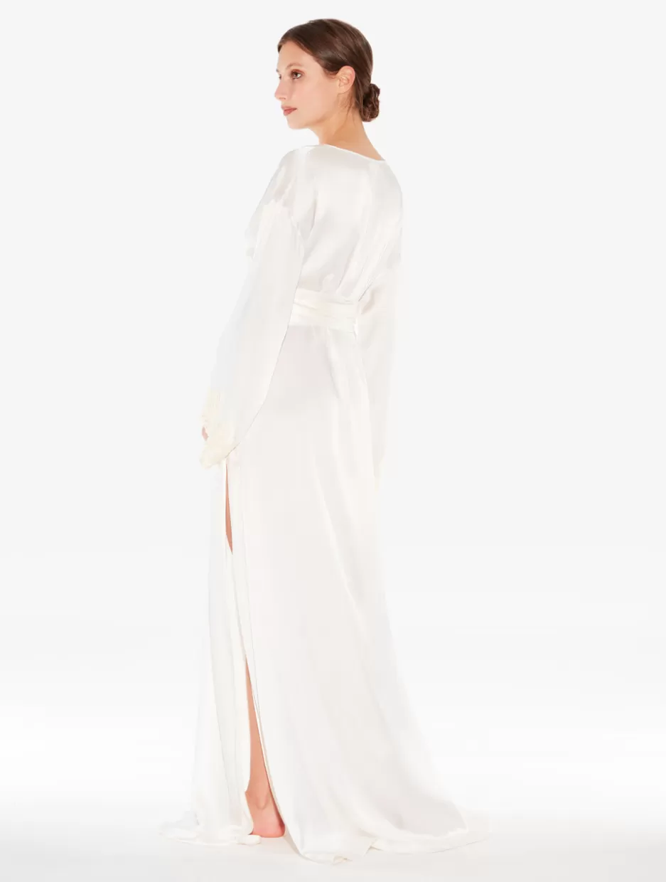 Robes | Silk Sleepwear-La Perla Long Silk Robe With Ivory Frastaglio White