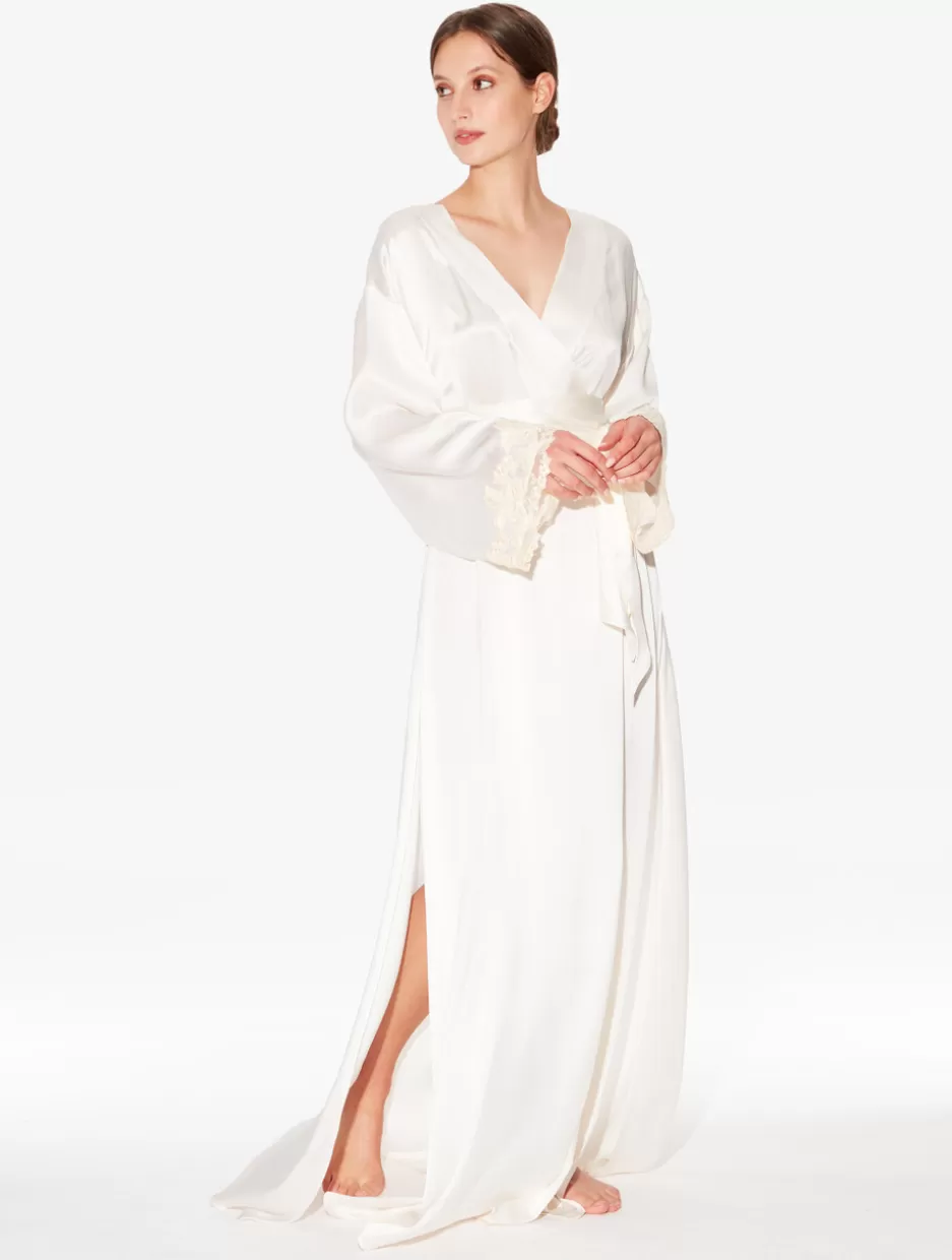 Robes | Silk Sleepwear-La Perla Long Silk Robe With Ivory Frastaglio White