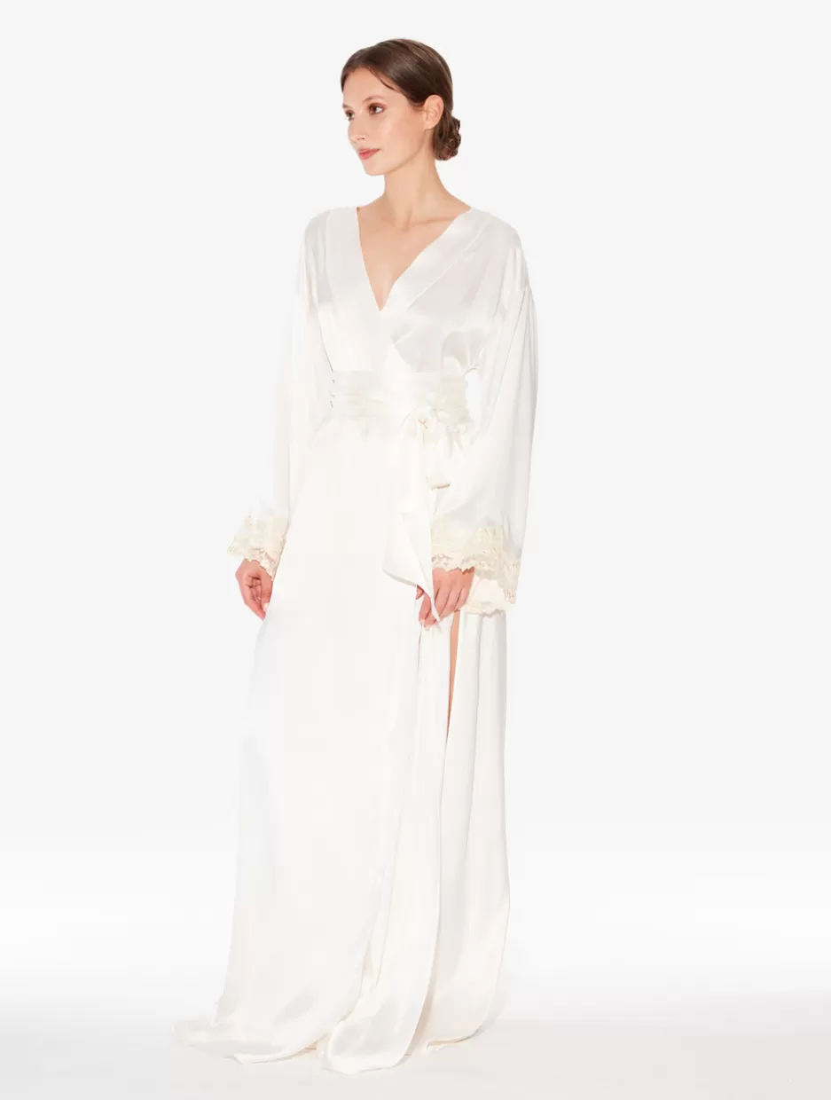 Robes | Silk Sleepwear-La Perla Long Silk Robe With Ivory Frastaglio White