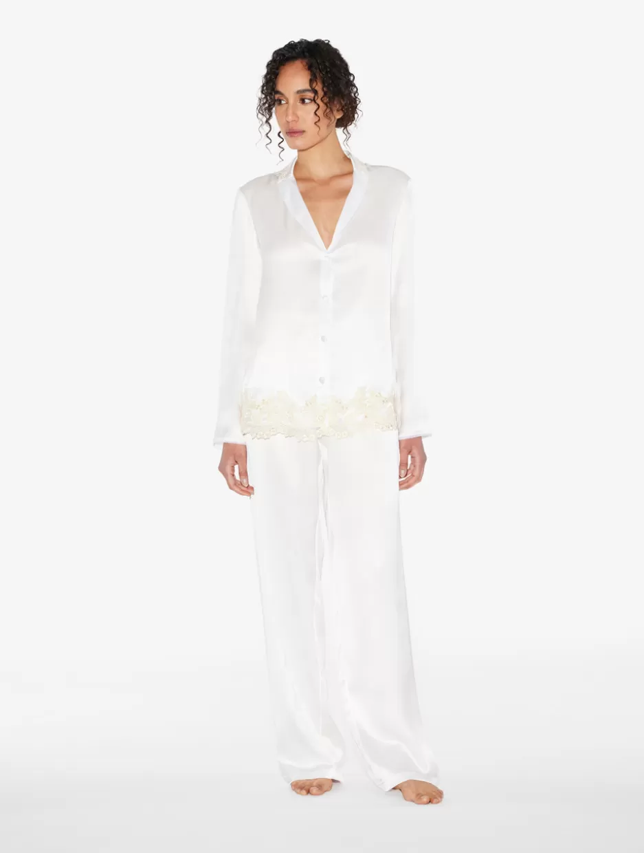 Pajamas | Silk Sleepwear-La Perla Silk Long Pajamas With Frastaglio White