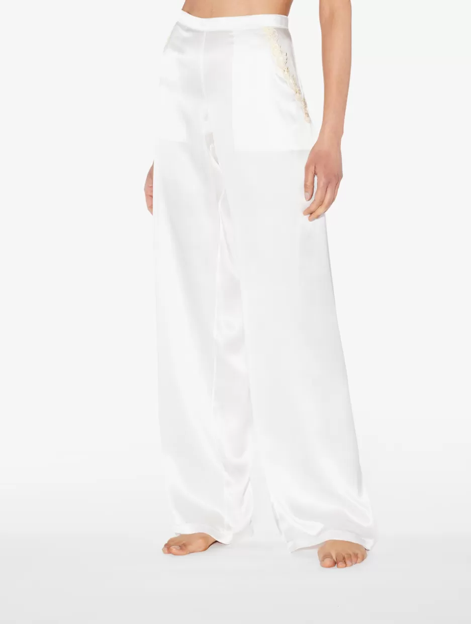 Pajamas | Silk Sleepwear-La Perla Silk Long Pajamas With Frastaglio White