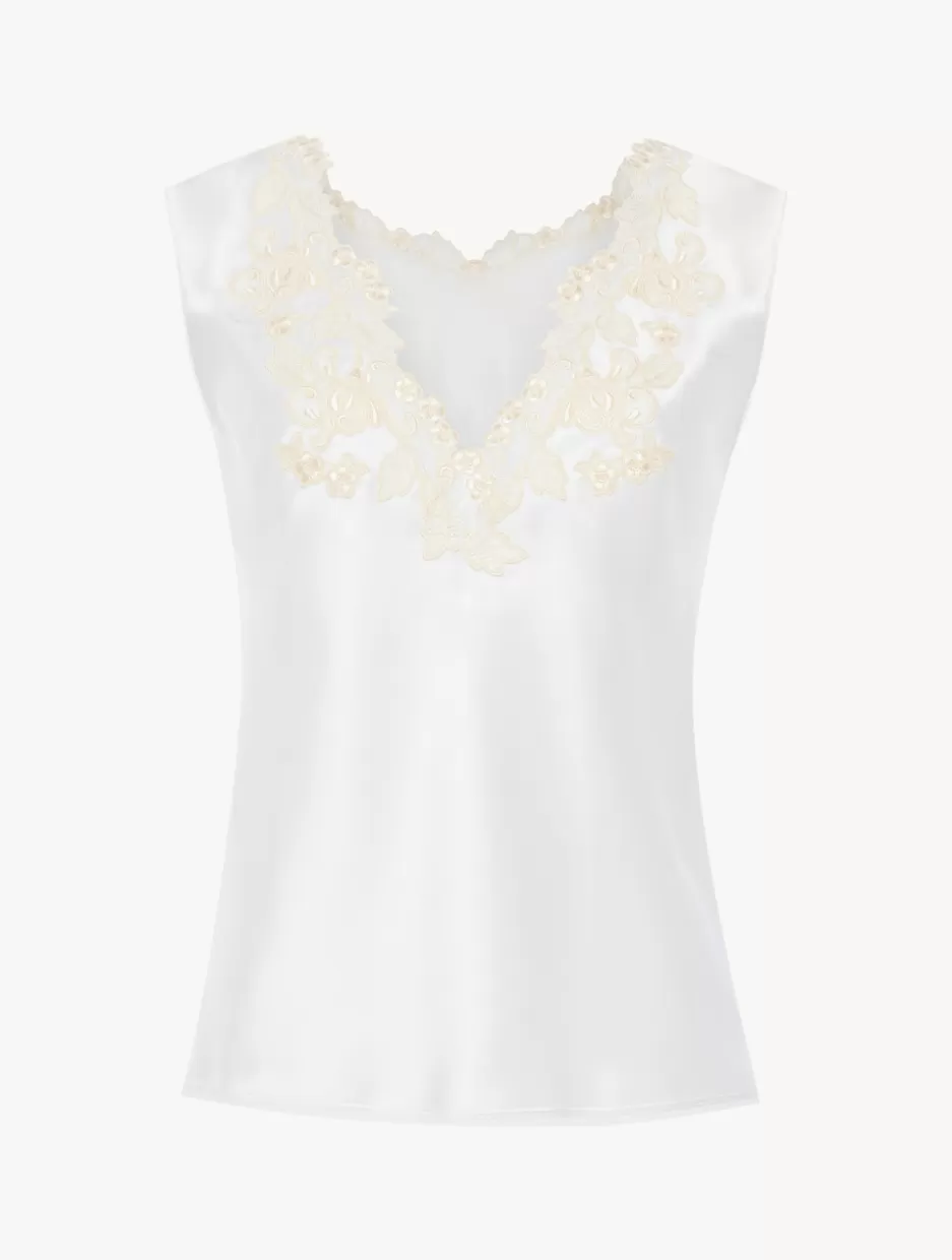 Camisoles | Pajamas-La Perla Silk Satin Top With Frastaglio White